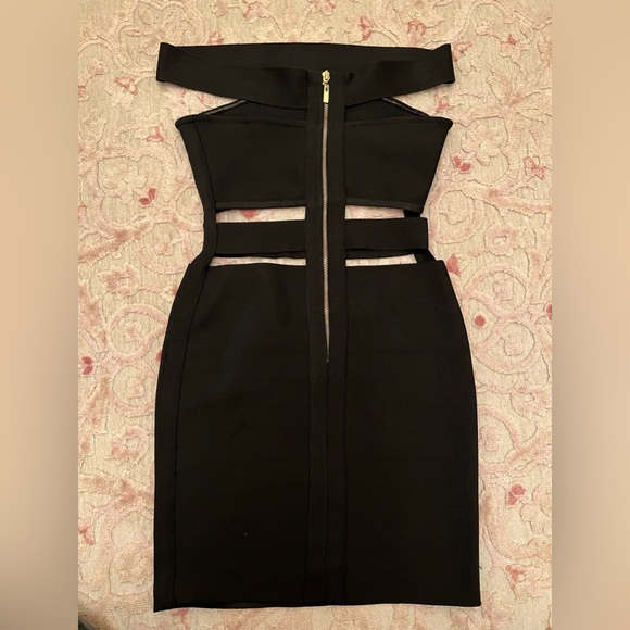 Black strapless Mini Body-con Dress with Gold Zipper - Picture 2 of 5